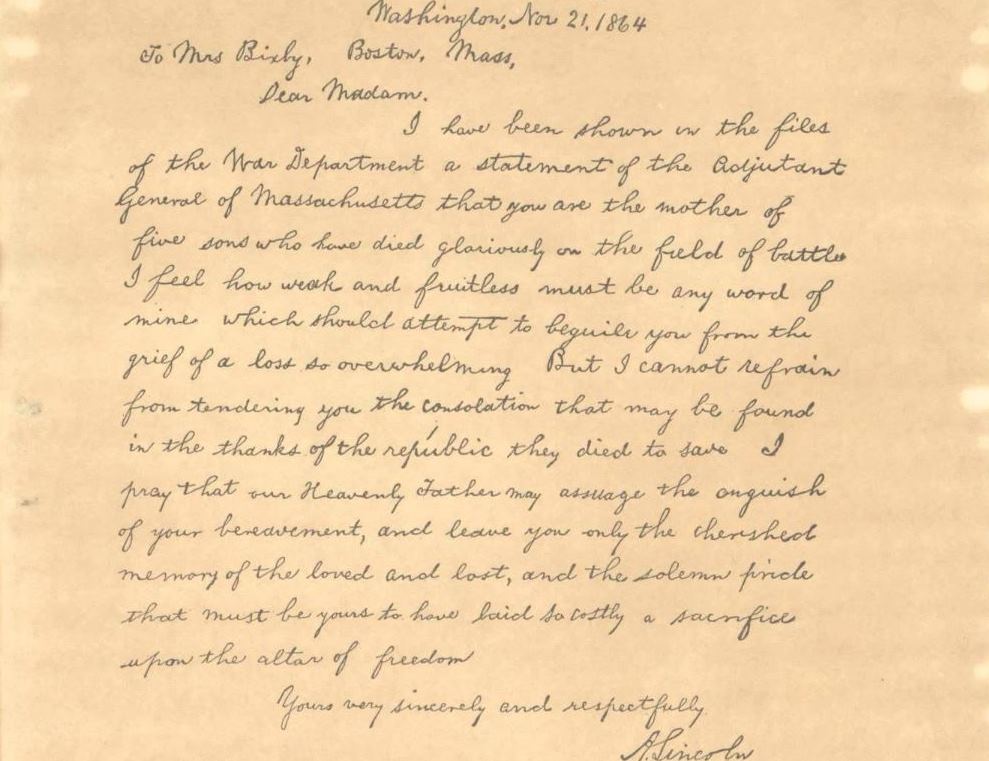 Imagem relacionada a Mistério da carta Bixby de Abraham Lincoln foi resolvida