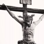grayscale photo of the crucifix