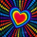 blue purple red and yellow heart printed poster